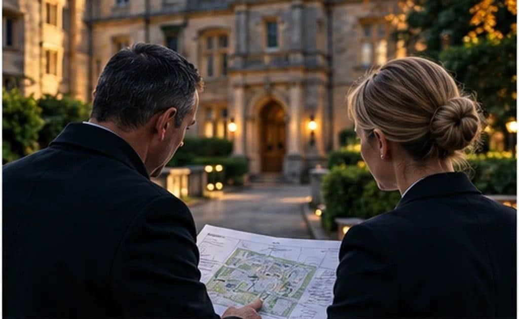 Two people reviewing a site plan outside a large building at dusk