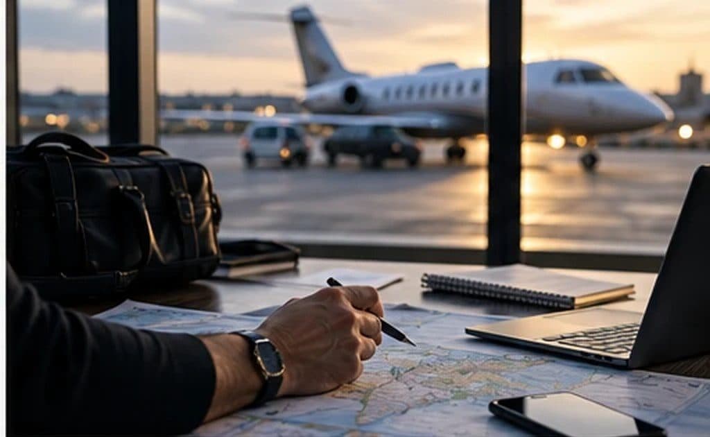Travel documents and a route being planned at a desk
