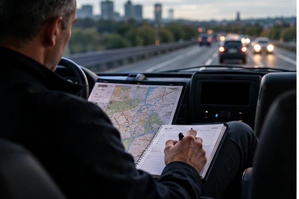 A map and notebook on a vehicle dashboard on a motorway