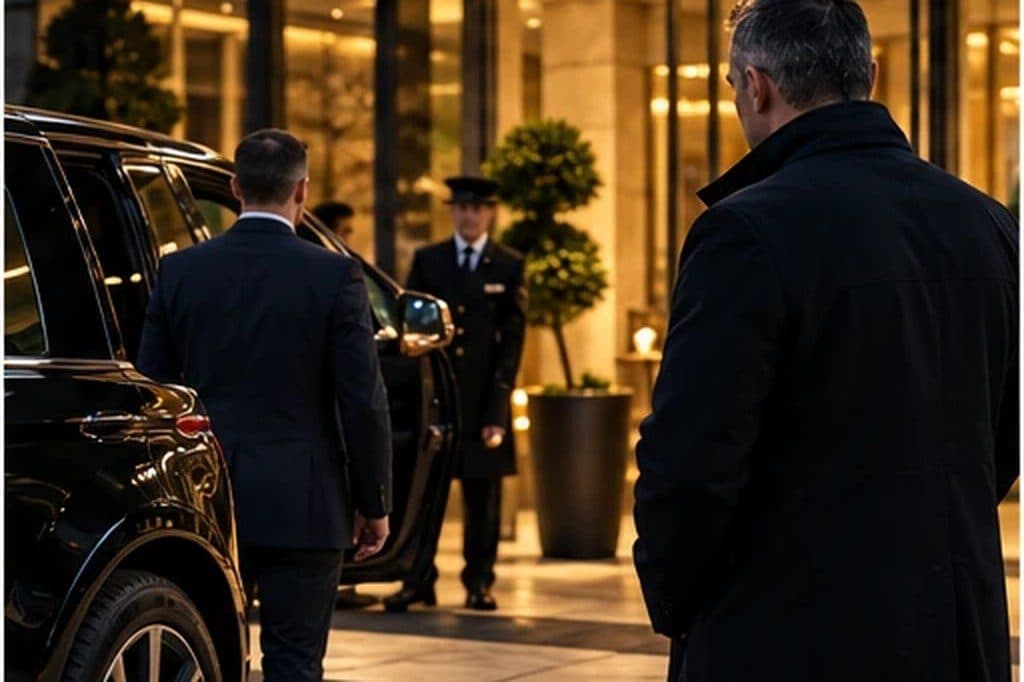 A vehicle arrival at a hotel entrance at night