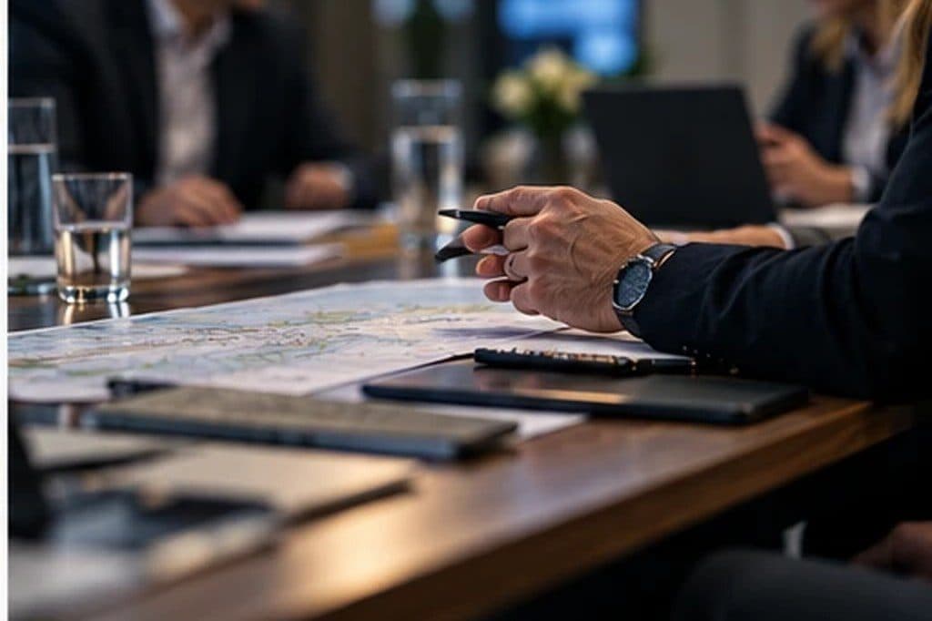 Papers and a laptop on a table during a working discussion